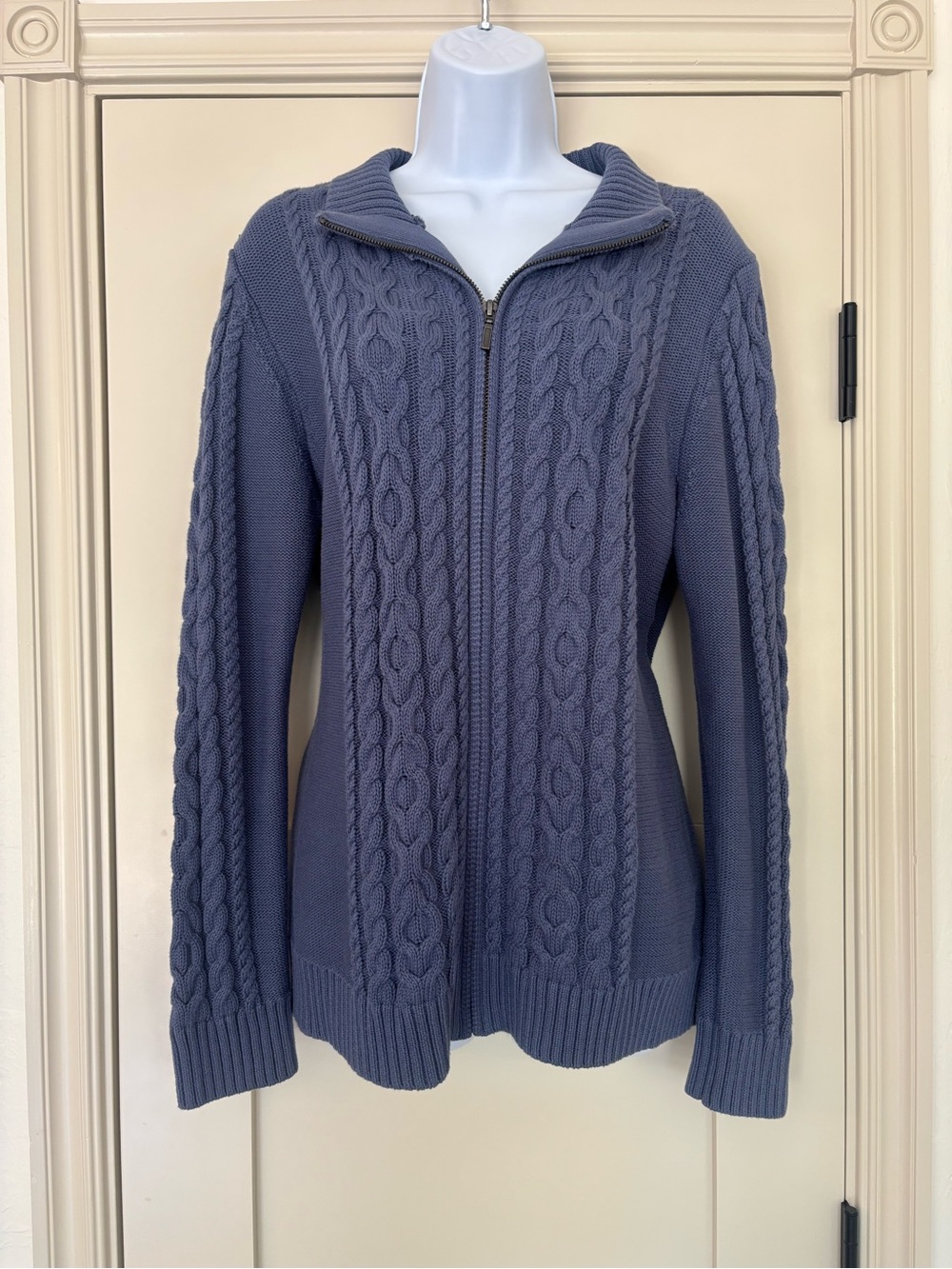 L.L. Bean Dusty Blue Chunky Knit Zip Up Jacket Layering Fall Boho 100% Cotton XL